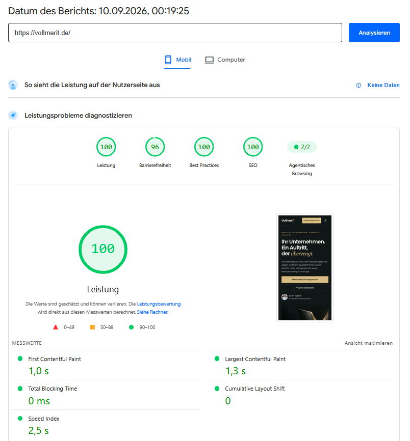 Mobiler Prüfbericht von vollmerit.de vom 10. September 2026 mit 100 Leistung, 96 Barrierefreiheit, 100 Best Practices und 100 SEO